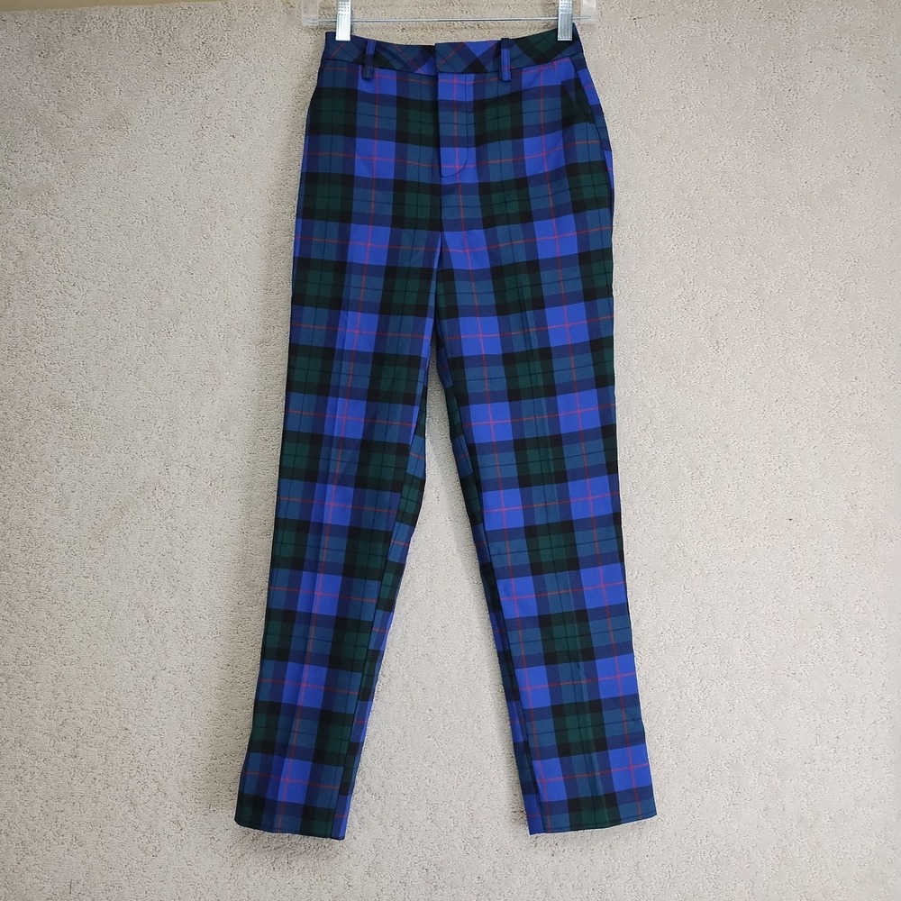 Twik Pants Womens 1 Blue Green Plaid Slim Fit Ankle Trousers Tailored Stretch